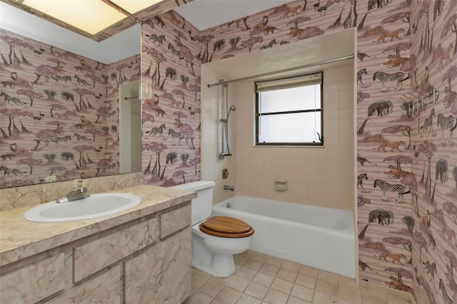 16 Tropicana Dr, Punta Gorda, FL 33950 - full bath featuring tile patterned flooring, vanity, shower / bath combination, and wallpapered walls