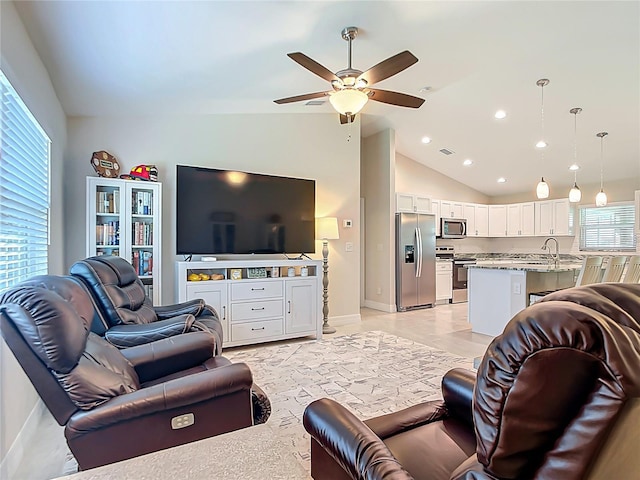 5493 Jody Ave, North Port, FL 34288 - living area featuring a ceiling fan, high vaulted ceiling, and recessed lighting