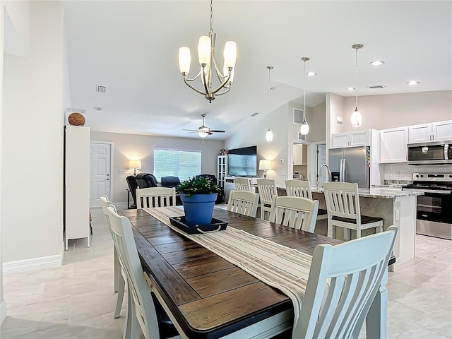 5493 Jody Ave, North Port, FL 34288 - dining room with a chandelier, ceiling fan, high vaulted ceiling, and recessed lighting