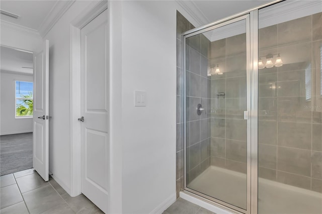17395 Palmetto Pass Ln, Punta Gorda, FL 33982 - full bathroom with a stall shower, ornamental molding, and tile patterned flooring