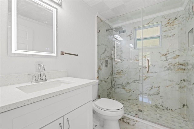 315 Durrance St, Punta Gorda, FL 33950 - full bath featuring marble look tile flooring, a marble finish shower, vanity, and ornamental molding