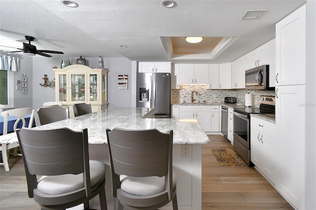 3 Pirates Ln Unit 32A, Punta Gorda, FL 33955 - kitchen featuring a raised ceiling, stainless steel appliances, ceiling fan, a kitchen island, and white cabinets