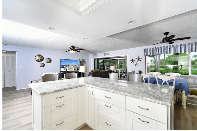 3 Pirates Ln Unit 32A, Punta Gorda, FL 33955 - kitchen featuring a ceiling fan, light wood finished floors, a textured ceiling, light stone countertops, and open floor plan