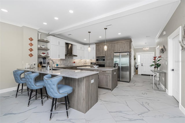 1750 Jamaica Way Unit 131, Punta Gorda, FL 33950 - kitchen featuring stainless steel refrigerator with ice dispenser, wall chimney exhaust hood, ornamental molding, a peninsula, and tasteful backsplash