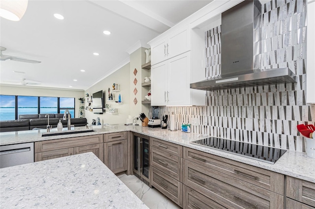 1750 Jamaica Way Unit 131, Punta Gorda, FL 33950 - kitchen with wall chimney exhaust hood, black electric cooktop, beverage cooler, open shelves, and light marble finish floors
