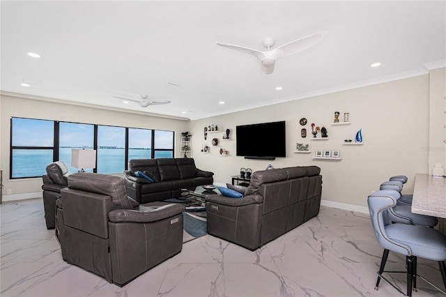 1750 Jamaica Way Unit 131, Punta Gorda, FL 33950 - living area with light marble finish floors, recessed lighting, crown molding, and ceiling fan