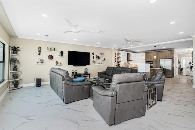 1750 Jamaica Way Unit 131, Punta Gorda, FL 33950 - living room featuring ceiling fan, light marble finish flooring, recessed lighting, and crown molding