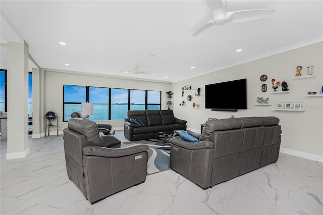 1750 Jamaica Way Unit 131, Punta Gorda, FL 33950 - living room featuring light marble finish floors, ceiling fan, recessed lighting, and ornamental molding