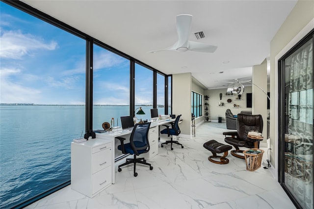 1750 Jamaica Way Unit 131, Punta Gorda, FL 33950 - office area with a ceiling fan, light marble finish flooring, and floor to ceiling windows