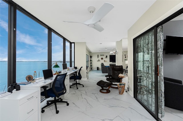 1750 Jamaica Way Unit 131, Punta Gorda, FL 33950 - office area with light marble finish flooring, expansive windows, and a ceiling fan