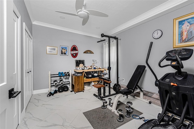 1750 Jamaica Way Unit 131, Punta Gorda, FL 33950 - workout room featuring marble look tile flooring, ceiling fan, and ornamental molding