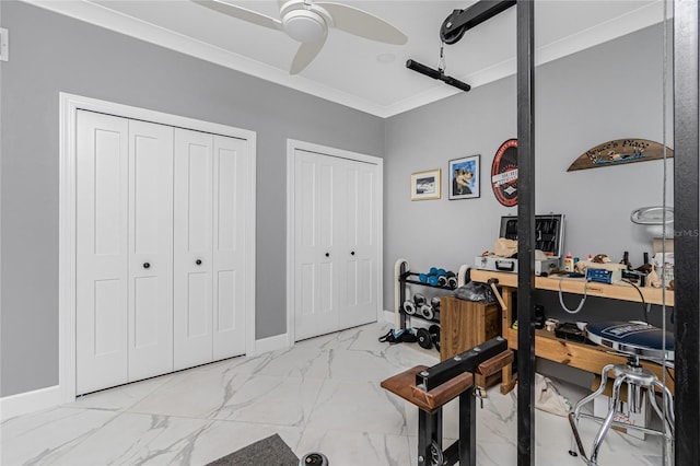 1750 Jamaica Way Unit 131, Punta Gorda, FL 33950 - office featuring ceiling fan, marble finish floors, and crown molding