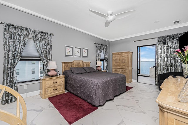 1750 Jamaica Way Unit 131, Punta Gorda, FL 33950 - bedroom with marble finish flooring, access to exterior, ornamental molding, and ceiling fan