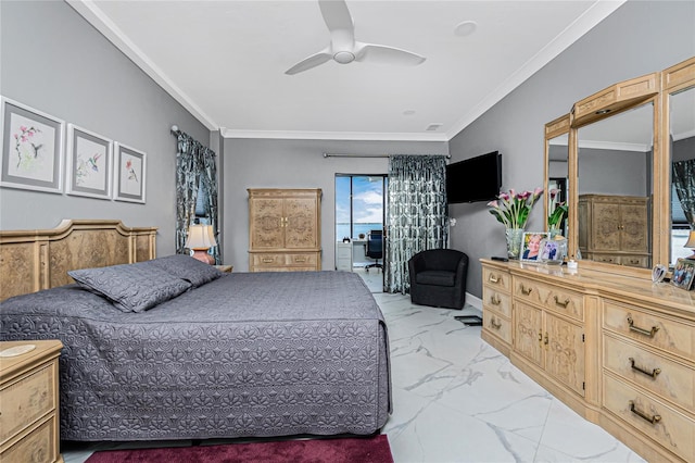 1750 Jamaica Way Unit 131, Punta Gorda, FL 33950 - bedroom featuring light marble finish flooring, ornamental molding, access to exterior, and a ceiling fan