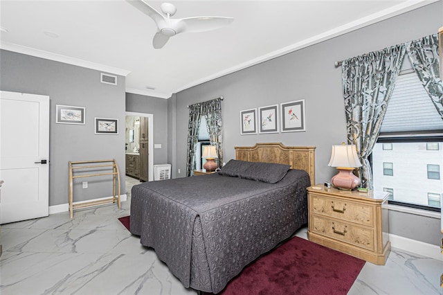 1750 Jamaica Way Unit 131, Punta Gorda, FL 33950 - bedroom featuring marble finish floors, ornamental molding, ensuite bathroom, and ceiling fan