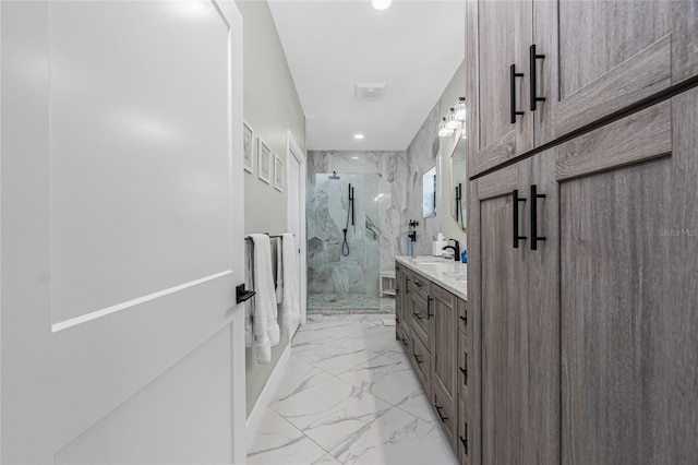 1750 Jamaica Way Unit 131, Punta Gorda, FL 33950 - full bathroom with marble look tiles, vanity, a marble finish shower, and recessed lighting