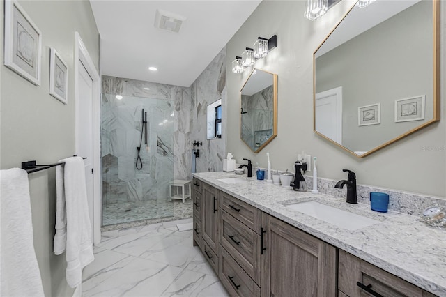 1750 Jamaica Way Unit 131, Punta Gorda, FL 33950 - full bath with marble finish floors, double vanity, a marble finish shower, and recessed lighting