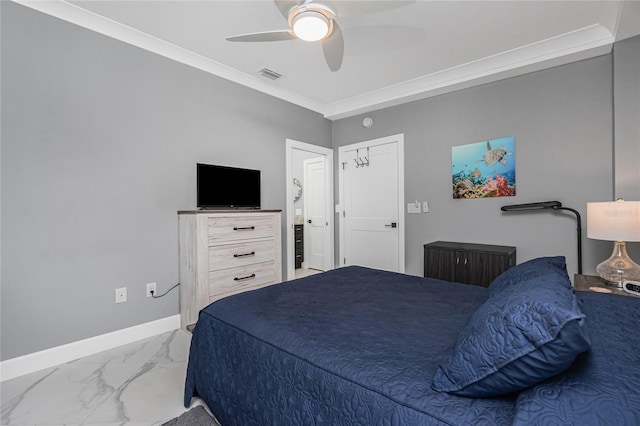 1750 Jamaica Way Unit 131, Punta Gorda, FL 33950 - bedroom featuring marble look tiles, ceiling fan, and ornamental molding