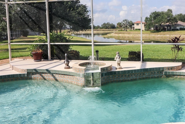 1855 Silver Palm Rd, North Port, FL 34288 - outdoor pool featuring a lawn, a water view, and an outdoor hot tub