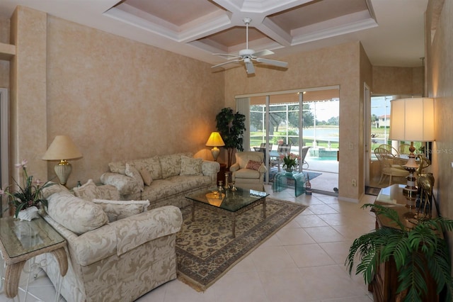 1855 Silver Palm Rd, North Port, FL 34288 - living area with coffered ceiling, a ceiling fan, light tile patterned flooring, and beamed ceiling
