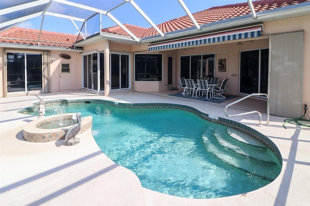 1855 Silver Palm Rd, North Port, FL 34288 - view of swimming pool with a patio, a pool with connected hot tub, glass enclosure, and outdoor dining space