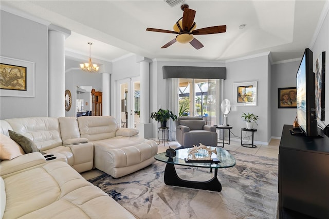 1422 Via Milanese, Punta Gorda, FL 33950 - living area with a ceiling fan, ornamental molding, a chandelier, french doors, and a raised ceiling