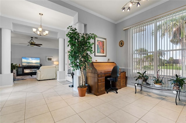 1422 Via Milanese, Punta Gorda, FL 33950 - office area with a ceiling fan, a chandelier, light tile patterned floors, and ornamental molding