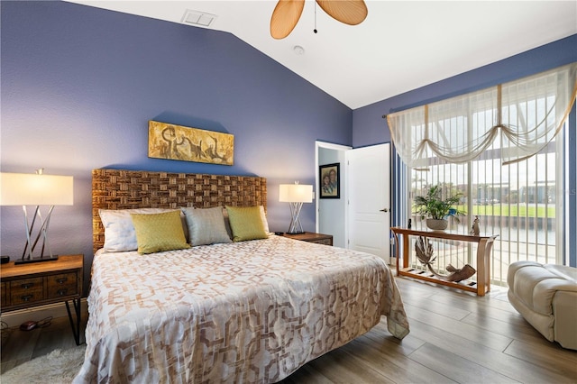 1422 Via Milanese, Punta Gorda, FL 33950 - bedroom featuring lofted ceiling, access to exterior, wood finished floors, and ceiling fan