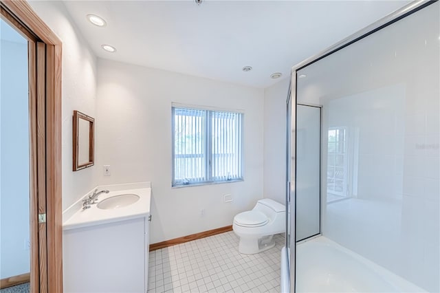 full bathroom featuring vanity, tile patterned flooring, enclosed tub / shower combo, and toilet