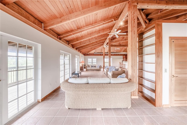 unfurnished living room with lofted ceiling with beams, light tile patterned floors, and wood ceiling