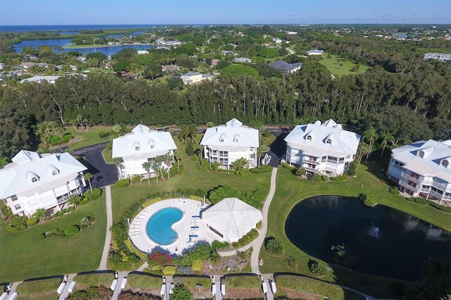 drone / aerial view with a water view