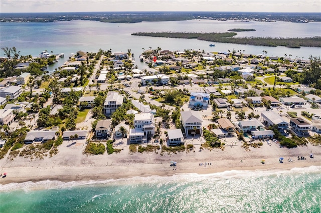 aerial view featuring a beach view and a water view