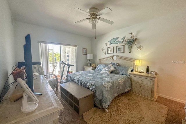 bedroom with ceiling fan and light colored carpet