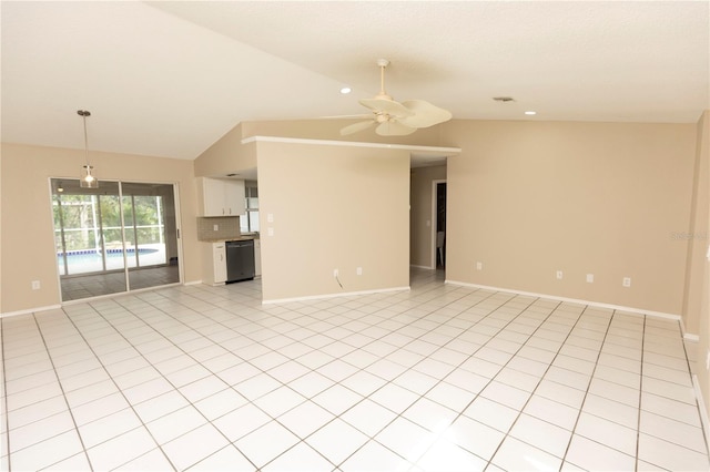 unfurnished living room featuring ceiling fan, vaulted ceiling, and light tile floors