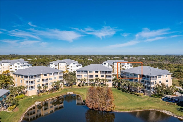 drone / aerial view featuring a water view