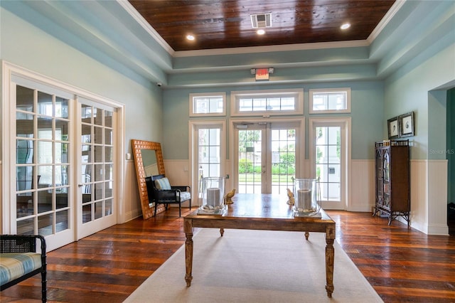 home office featuring wooden ceiling, a towering ceiling, french doors, and dark hardwood / wood-style flooring