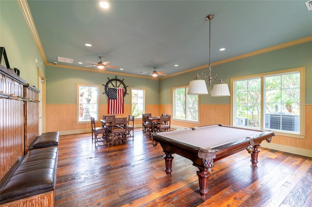 playroom featuring dark hardwood / wood-style floors, ornamental molding, billiards, and ceiling fan