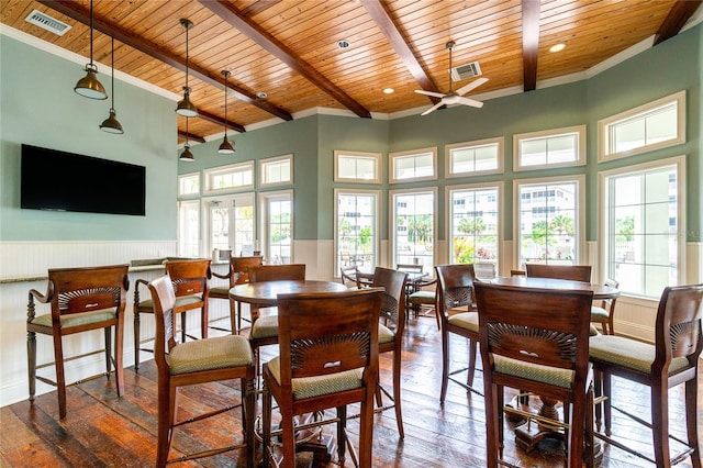 dining space with a wealth of natural light, dark wood-type flooring, and wooden ceiling