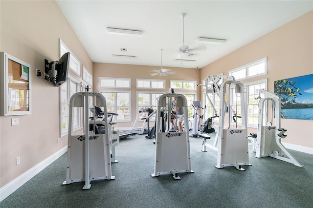 exercise room featuring dark colored carpet and ceiling fan