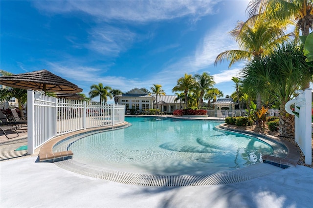 view of swimming pool with a patio