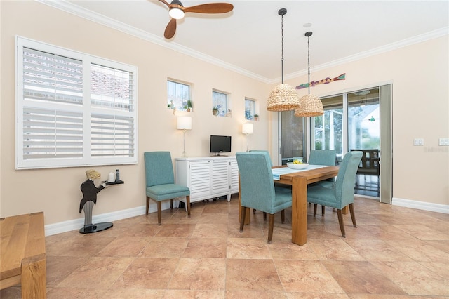 dining space featuring ceiling fan, a healthy amount of sunlight, and light tile floors