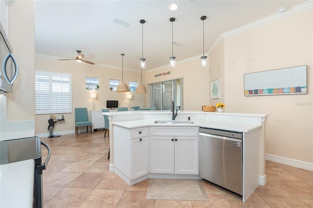 kitchen with pendant lighting, ceiling fan, sink, appliances with stainless steel finishes, and light tile flooring