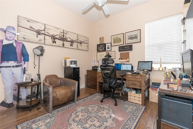 office space featuring dark hardwood / wood-style flooring and ceiling fan