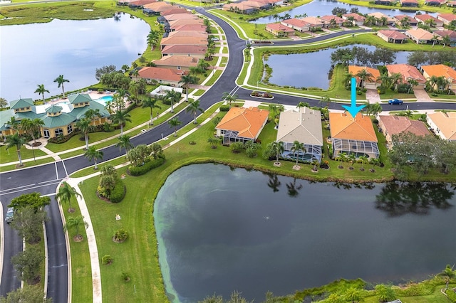 drone / aerial view featuring a water view