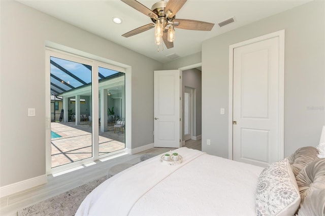 bedroom with vaulted ceiling, access to exterior, ceiling fan, and light wood-type flooring