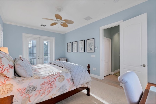 bedroom with access to outside, ceiling fan, french doors, and ornamental molding