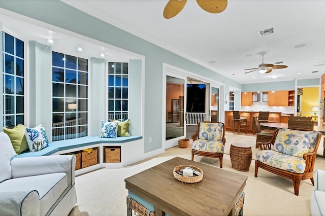 interior space featuring light carpet and crown molding