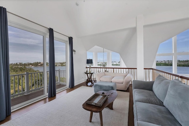 living room with dark hardwood / wood-style flooring and a water view