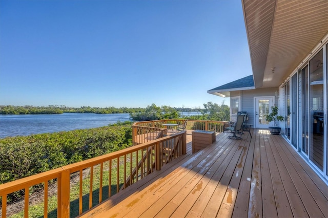 wooden deck featuring a water view