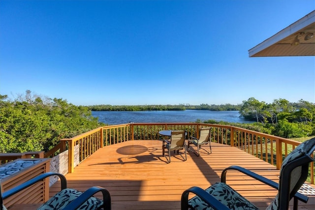 wooden deck featuring a water view